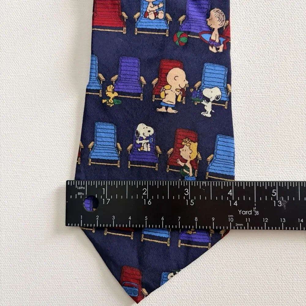 Peanuts Vintage 90’s Beach Day Dark Blue 100% Silk Necktie USA Made Snoopy Swim